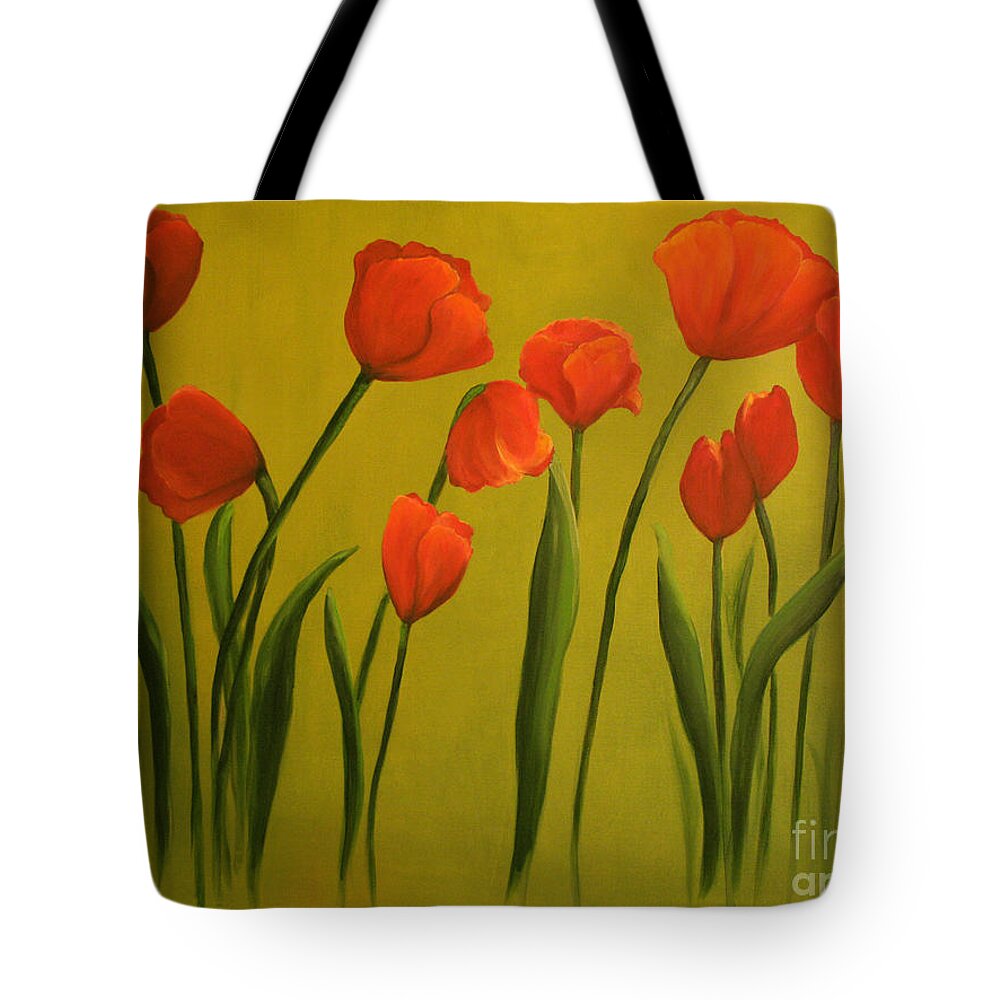 Red Tote Bag featuring the painting Carolina Tulips by Carol Sweetwood