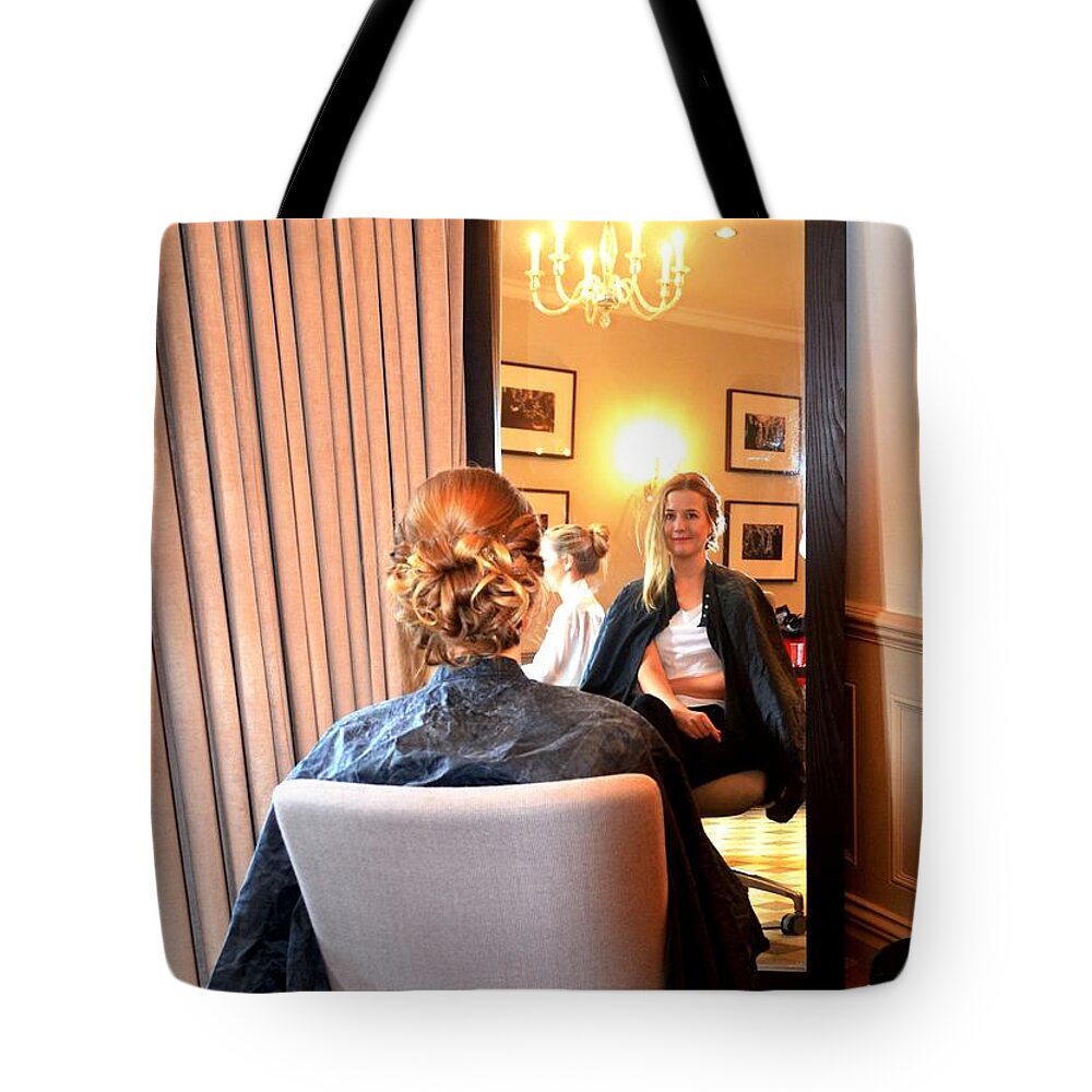  Tote Bag featuring the photograph Caroline having her hair done by Nina-Rosa Duddy