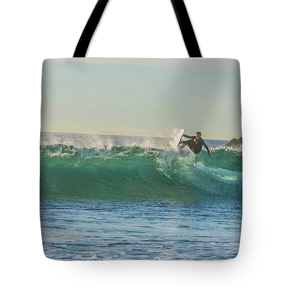 Surfer Tote Bag featuring the photograph Carsbad Surfer Cutting In by Bruce Pritchett