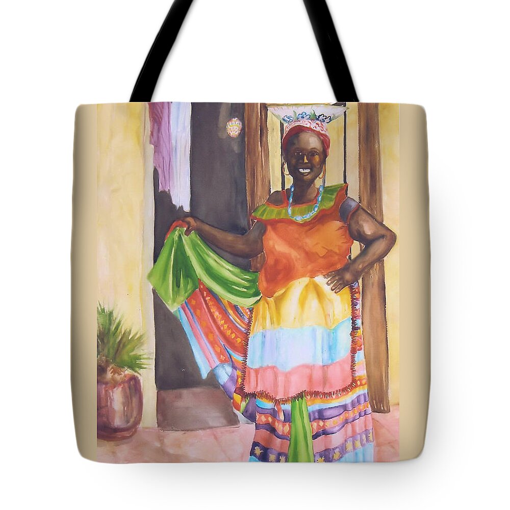 Dressed In Her Traditional Costume This Fruit Seller Is Very Colorful. Columbia Tote Bag featuring the painting Cartegena Woman by Charme Curtin