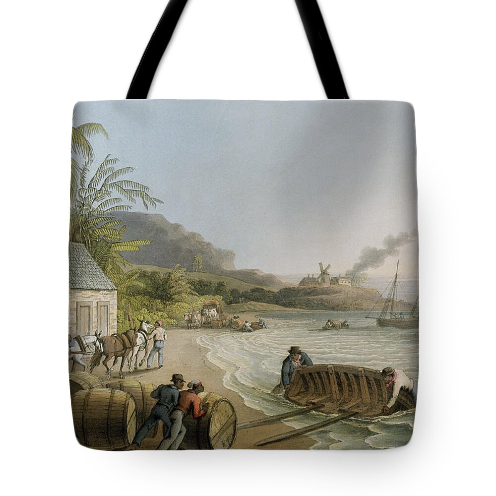 Carting Tote Bag featuring the painting Carting and Putting Sugar Hogsheads on Board by William Clark