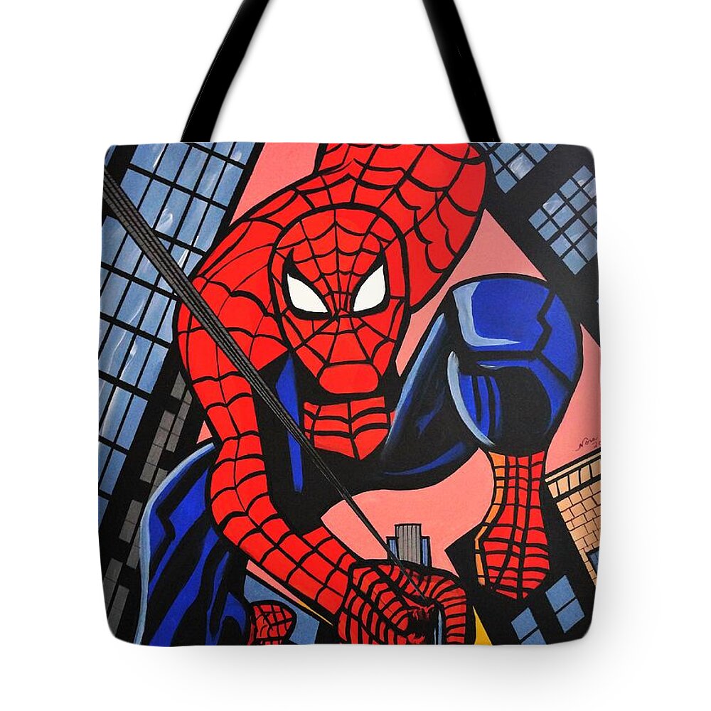 Spiderman Tote Bag featuring the painting Cartoon Spiderman by Nora Shepley