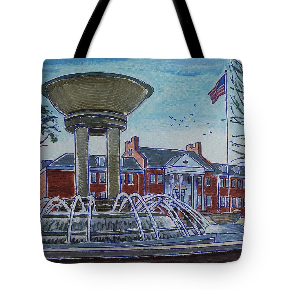 Cary Tote Bag featuring the painting Cary Arts Center and Fountain by Tommy Midyette