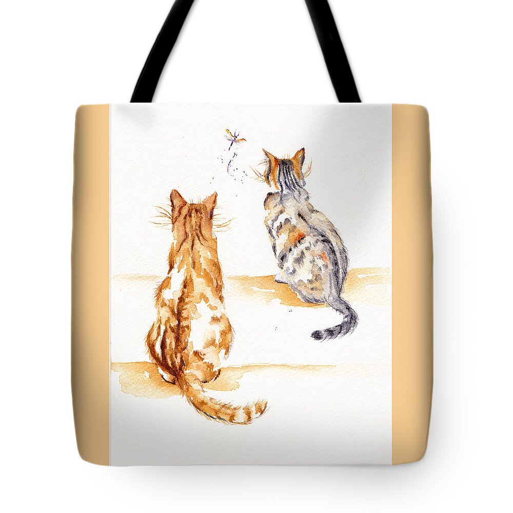 Cats Tote Bag featuring the painting Two Cats - Casing the Dragon by Debra Hall