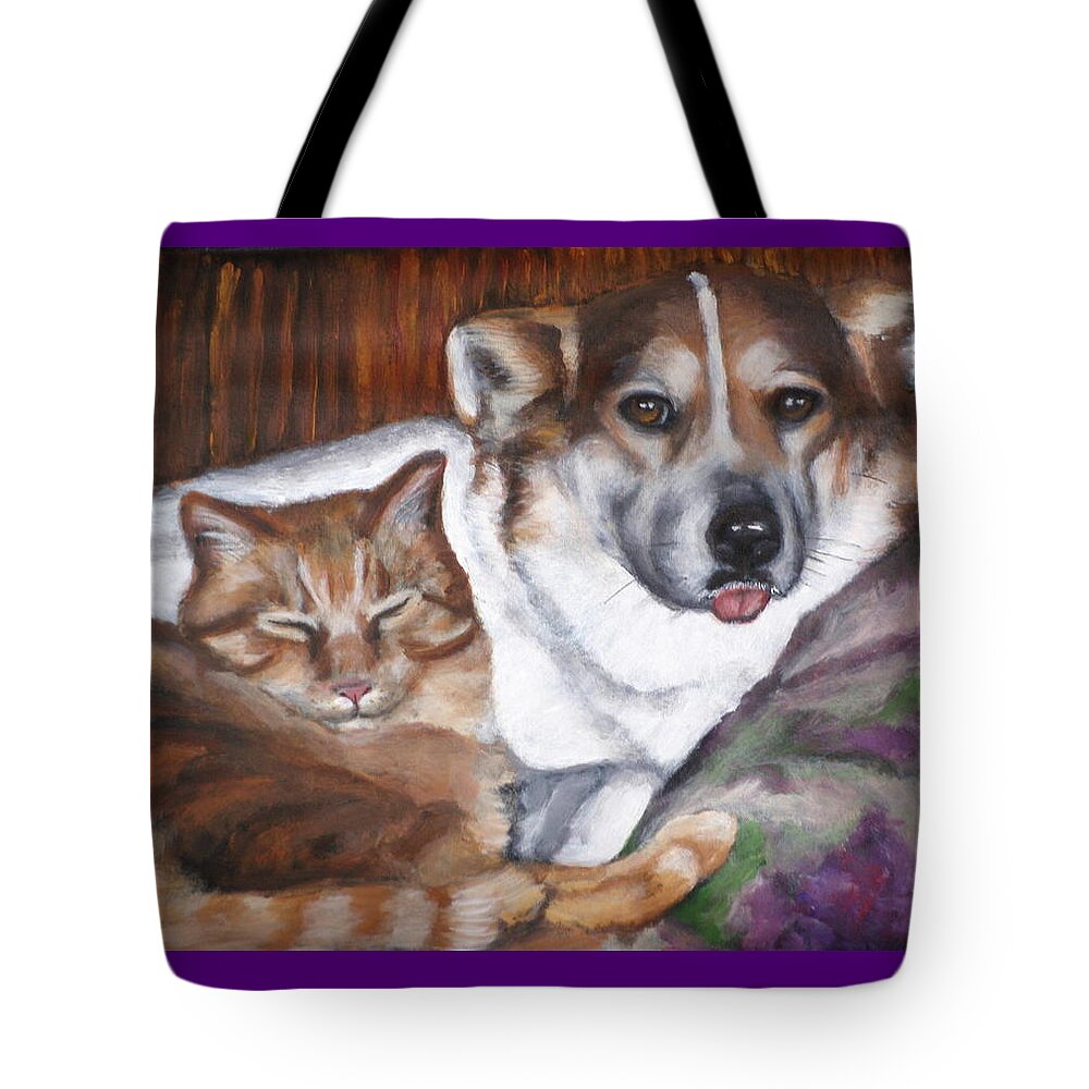 Dog And Cat Tote Bag featuring the painting Cassie and Tigger by Carol Russell