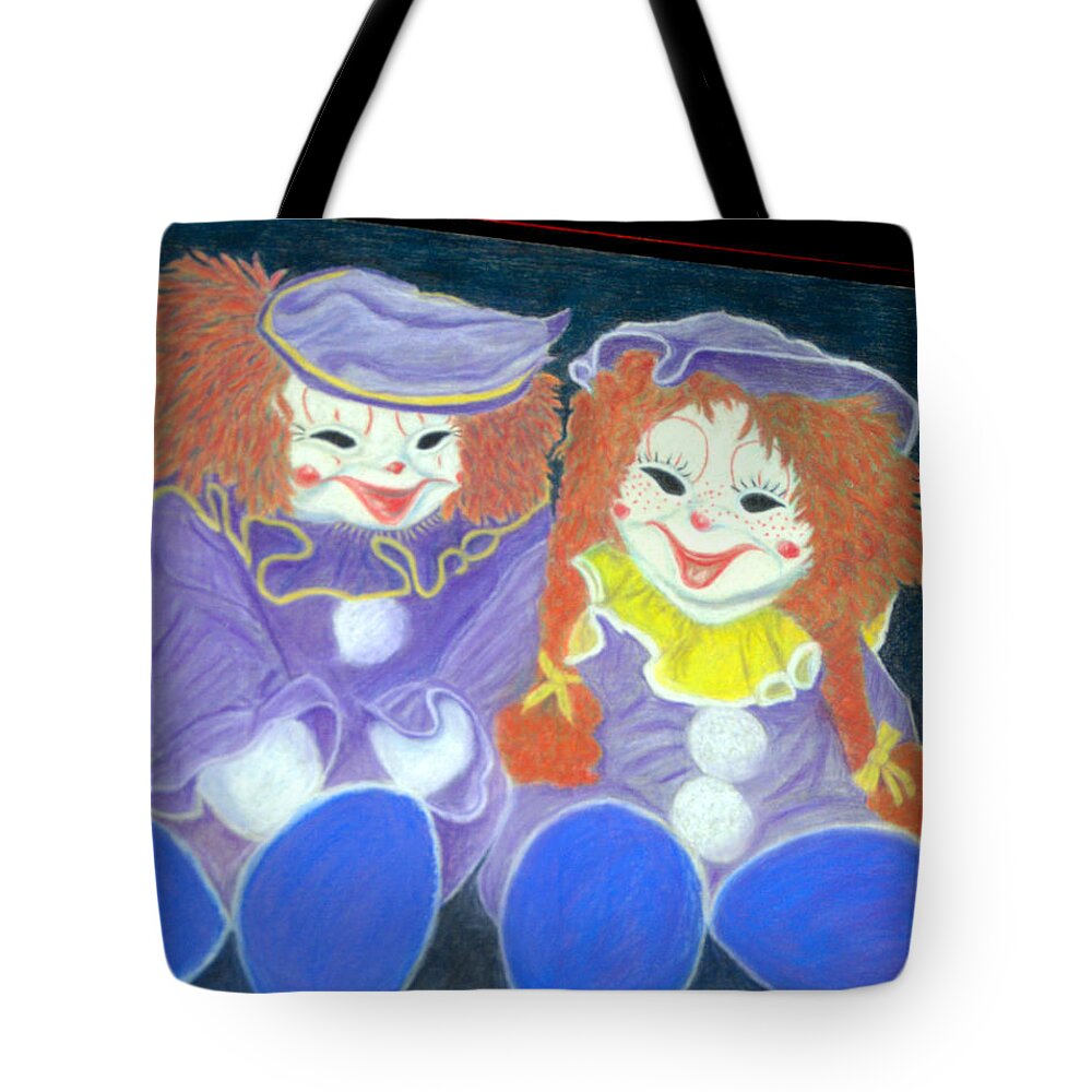 Clowns Tote Bag featuring the pastel Aunt Cassies Raggedy Ann and Andy Pastel by Antonia Citrino