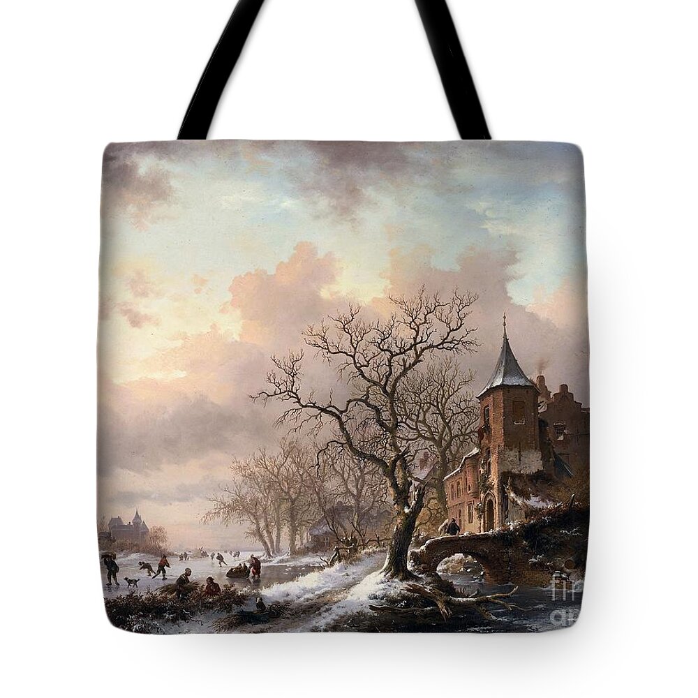 2500-3000 Tote Bag featuring the painting Castle in a Winter Landscape and Skaters on a Fozen River by Celestial Images