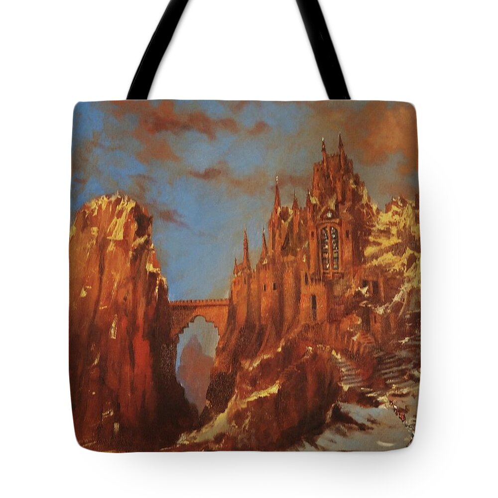 Fantasy Tote Bag featuring the painting Castle of the Mountain King by Tom Shropshire