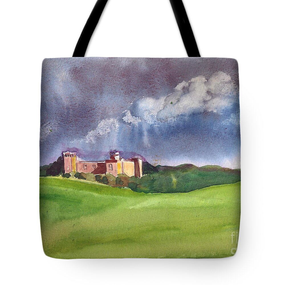 Castle And The Clouds Tote Bag featuring the painting Castle under clouds by Asha Sudhaker Shenoy