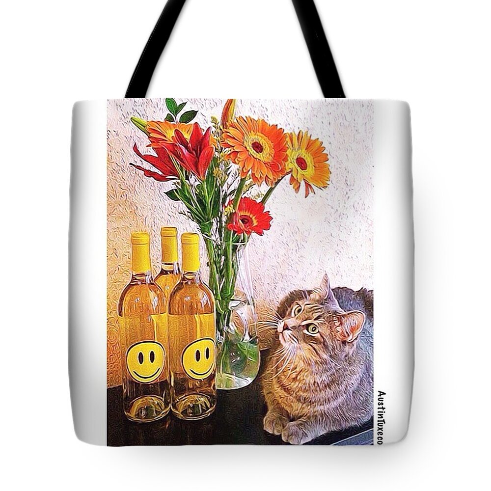 Photoshop Tote Bag featuring the photograph #cat + #wine + #flowers = The #caturday by Austin Tuxedo Cat