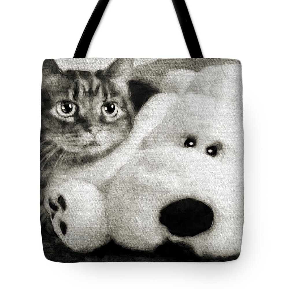 Andee Design Cat Tote Bag featuring the photograph Cat And Dog In B W by Andee Design