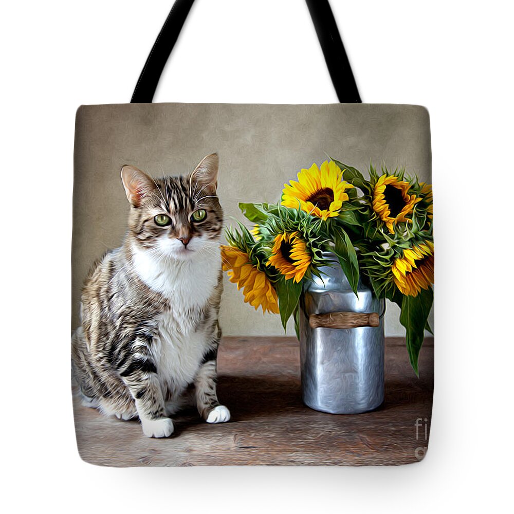 Cat Tote Bag featuring the painting Cat and Sunflowers by Nailia Schwarz