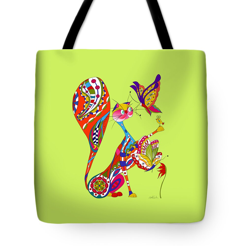 Cat Tote Bag featuring the digital art Cat And Two Butterflies by Isabel Salvador