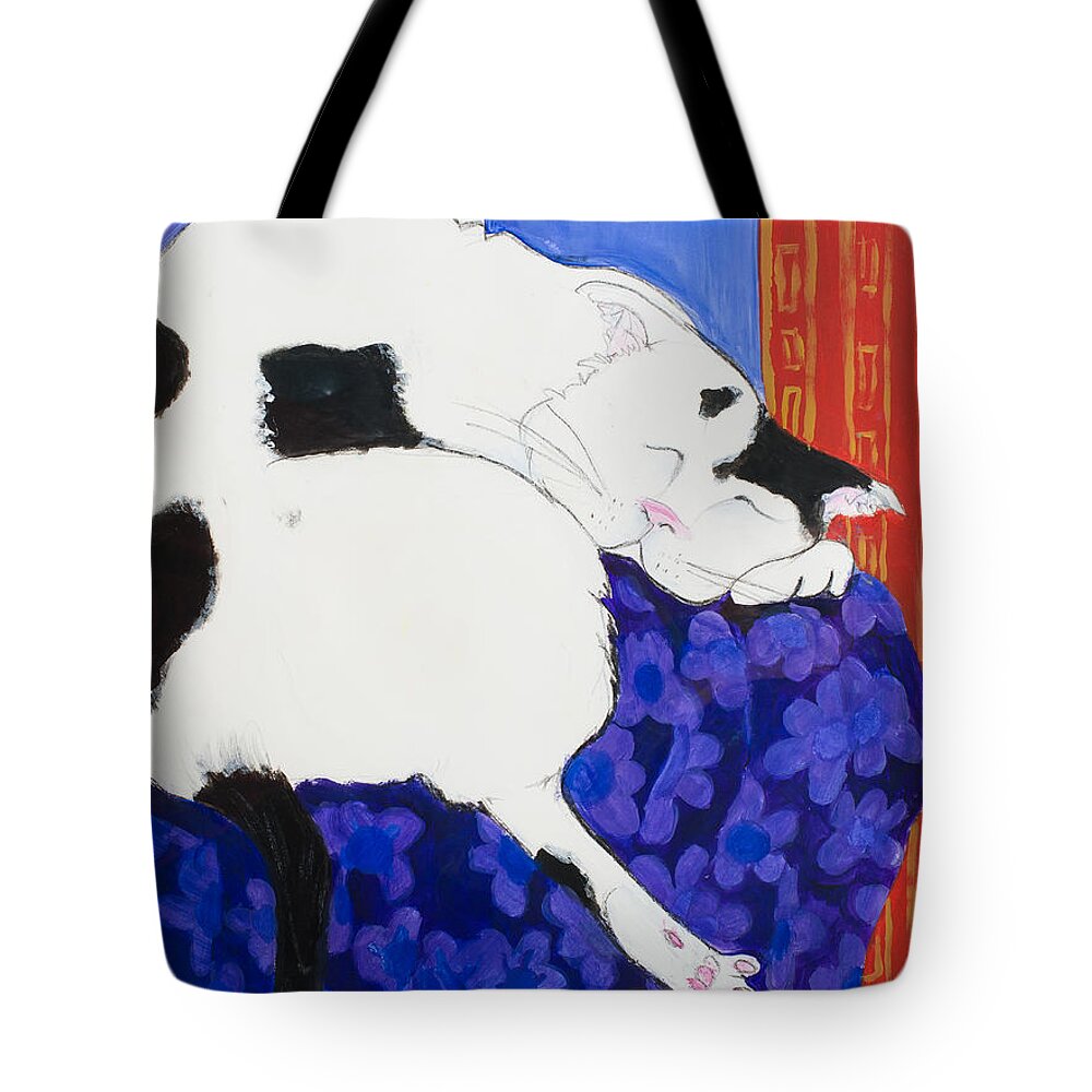 Leela Tote Bag featuring the painting Cat III Peaceful  by Leela Payne