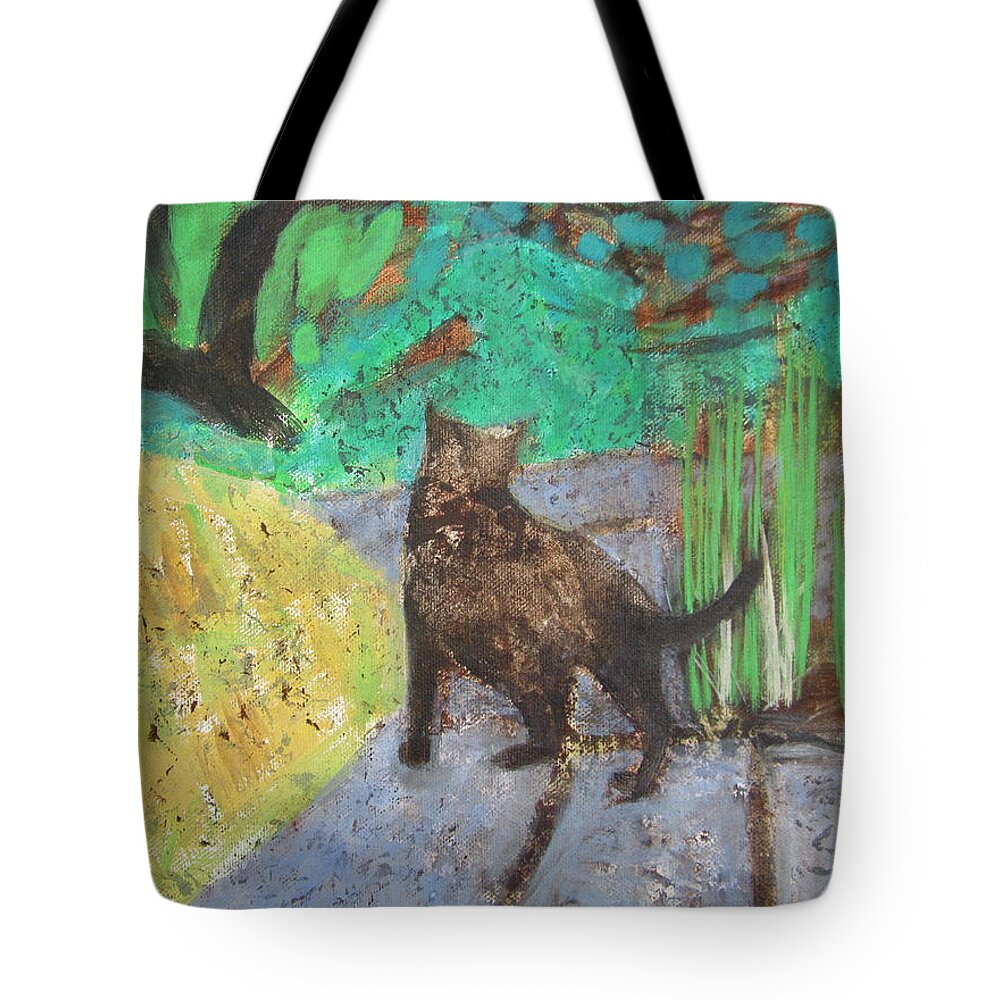 Cat In A Garden Tote Bag featuring the painting Cat in a Garden by Kazumi Whitemoon