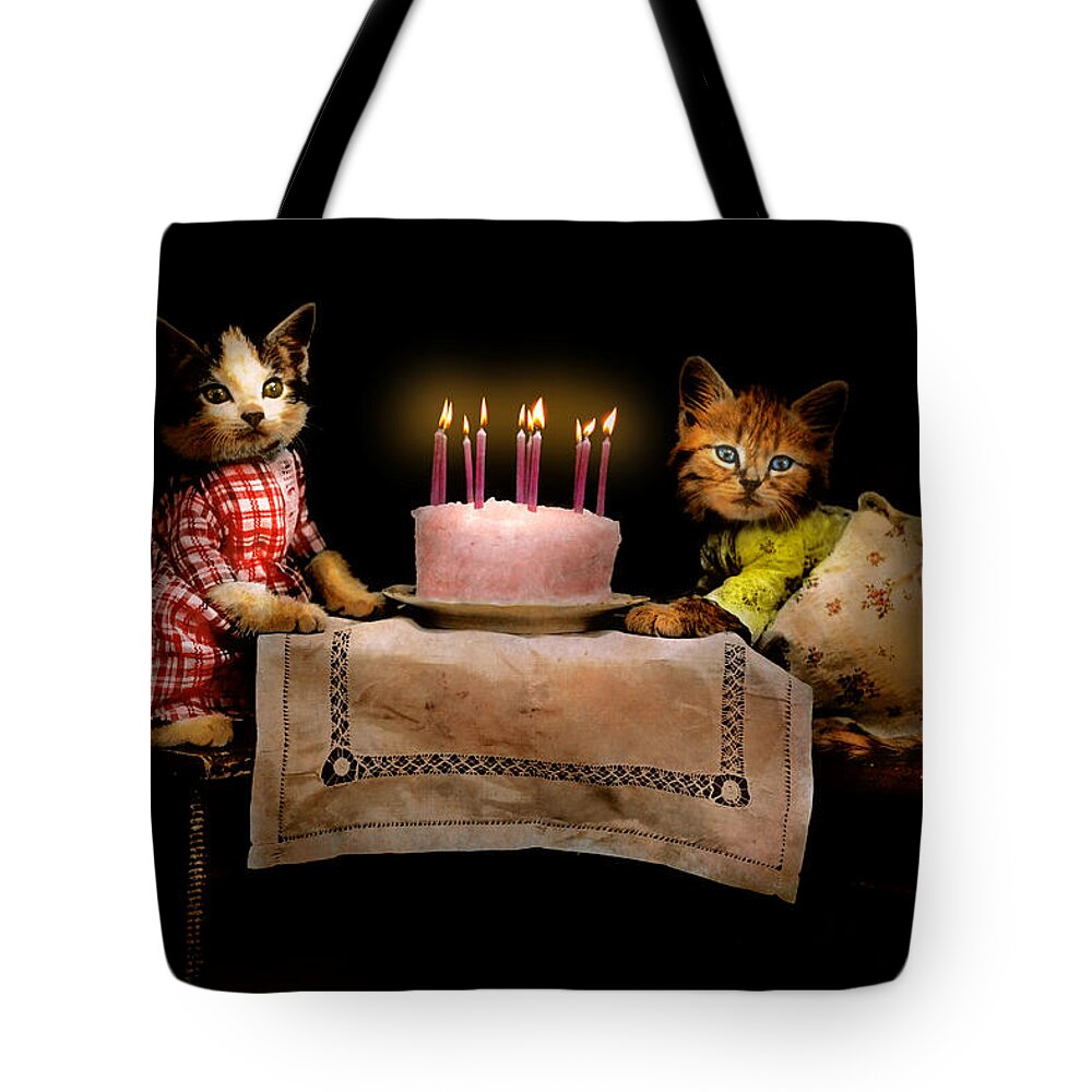 Cat Tote Bag featuring the photograph Cat - It's our birthday - 1914 by Mike Savad