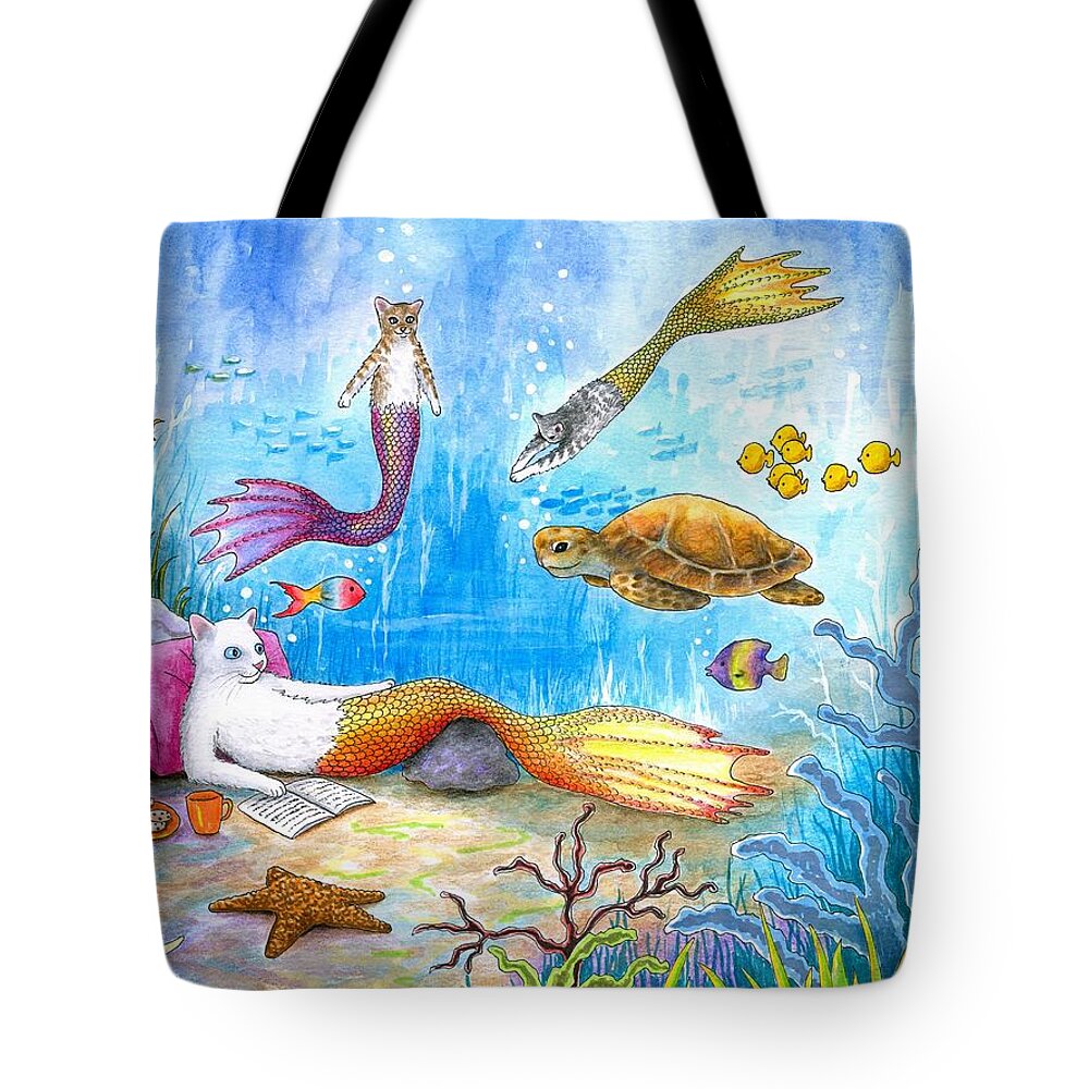 Cat Tote Bag featuring the painting Cat Mermaid 31 by Lucie Dumas
