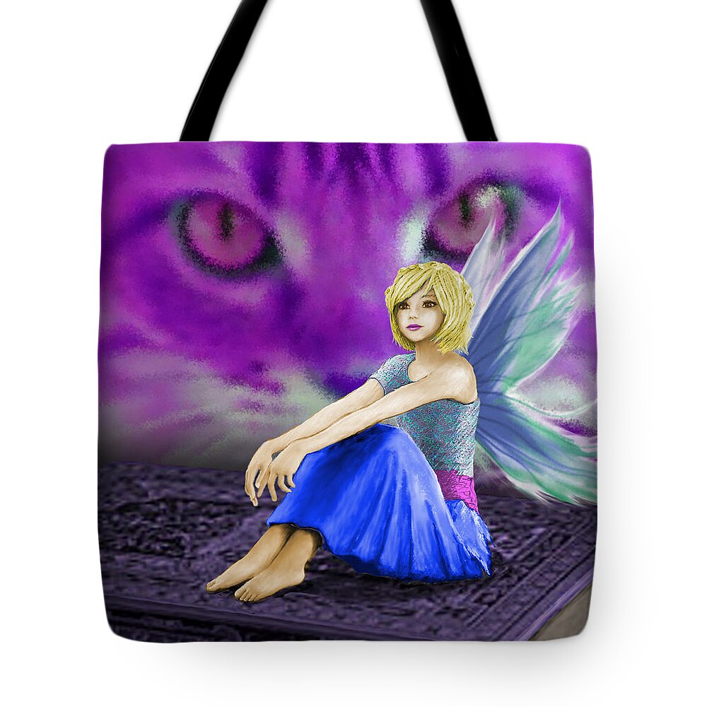 Cat Tote Bag featuring the digital art Cat Observes Fairy by Yuichi Tanabe