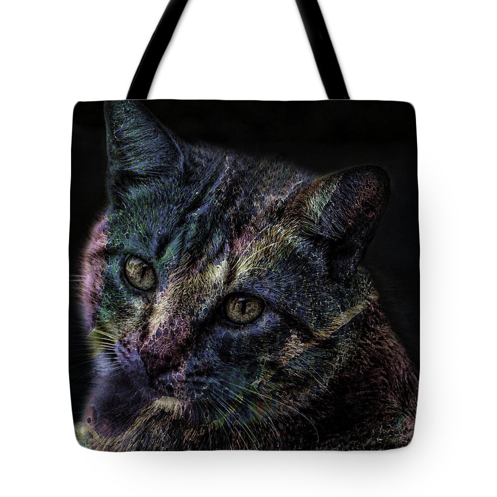 Cat Tote Bag featuring the mixed media Cat Of Many Colors Soft by Lesa Fine