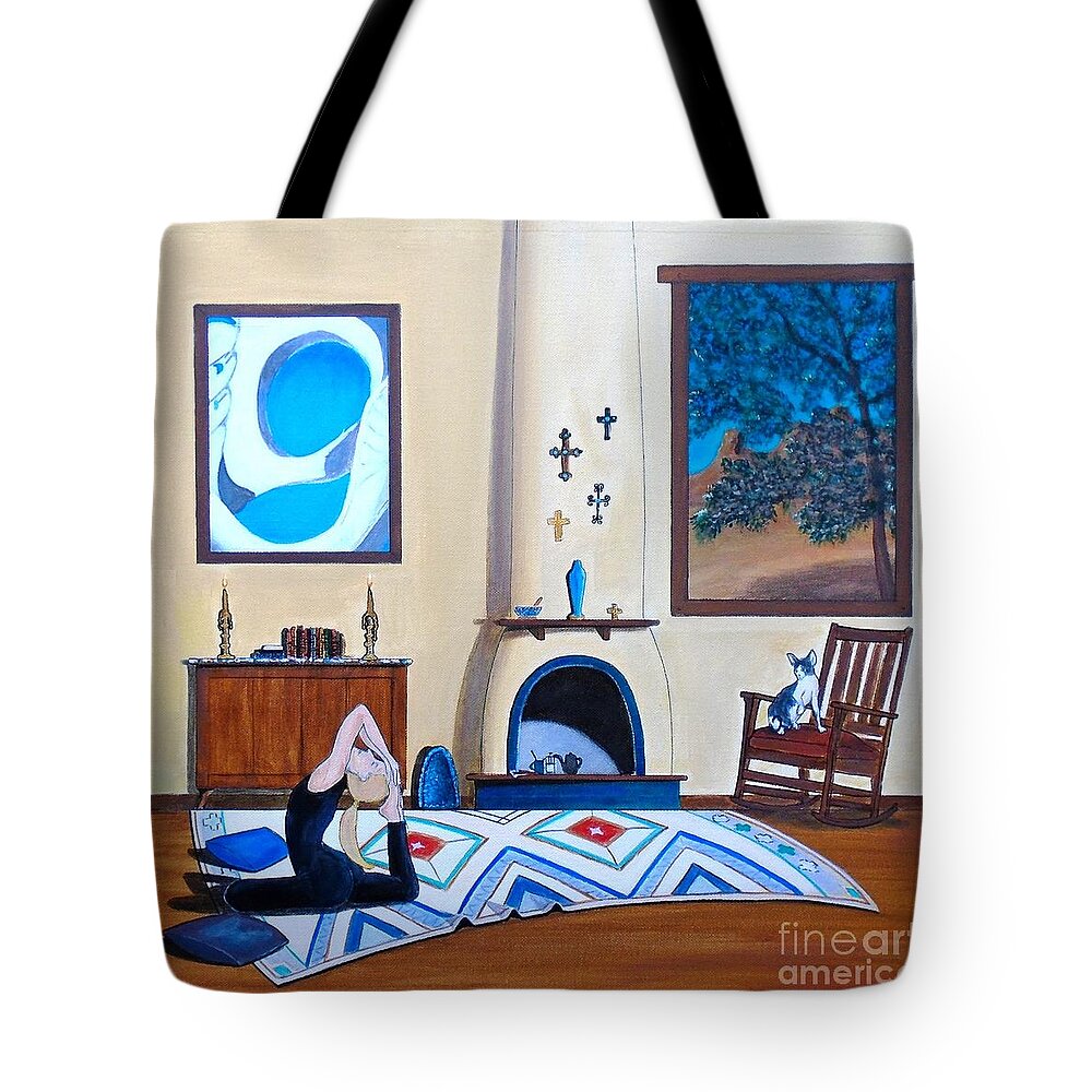 John Lyes Tote Bag featuring the painting Cat Sitting in Chair Watching Woman Doing Yoga by John Lyes