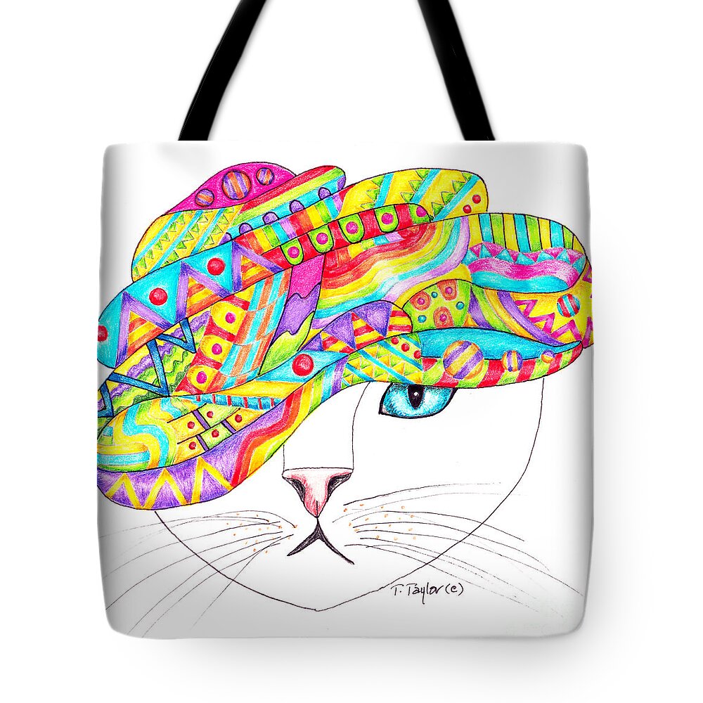 Cat Tote Bag featuring the drawing Cat with a Fancy Turban by Terry Taylor