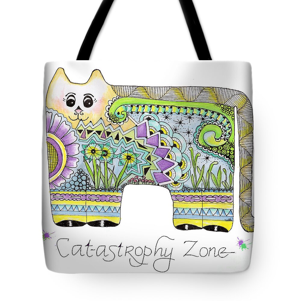 Kitty Cat Zentangle Doodle Flowers Geometric Tote Bag featuring the tapestry - textile Catastrophy Zone by Ruth Dailey