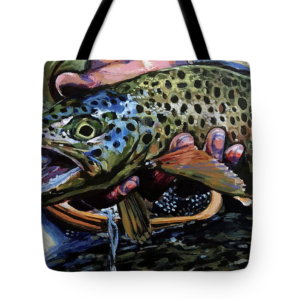 Brown Trout Tote Bag featuring the painting Catch of the Day by Les Herman
