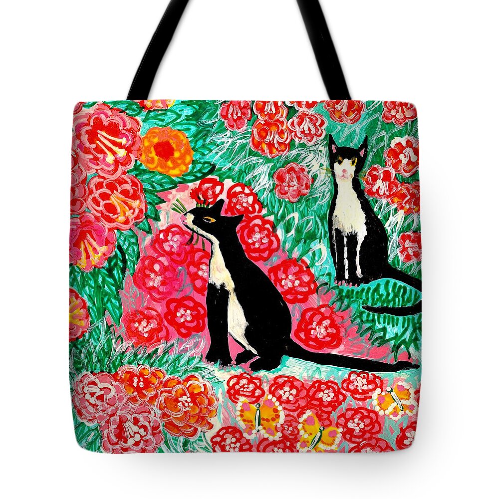 Sue Burgess Tote Bag featuring the painting Cats and Roses by Sushila Burgess