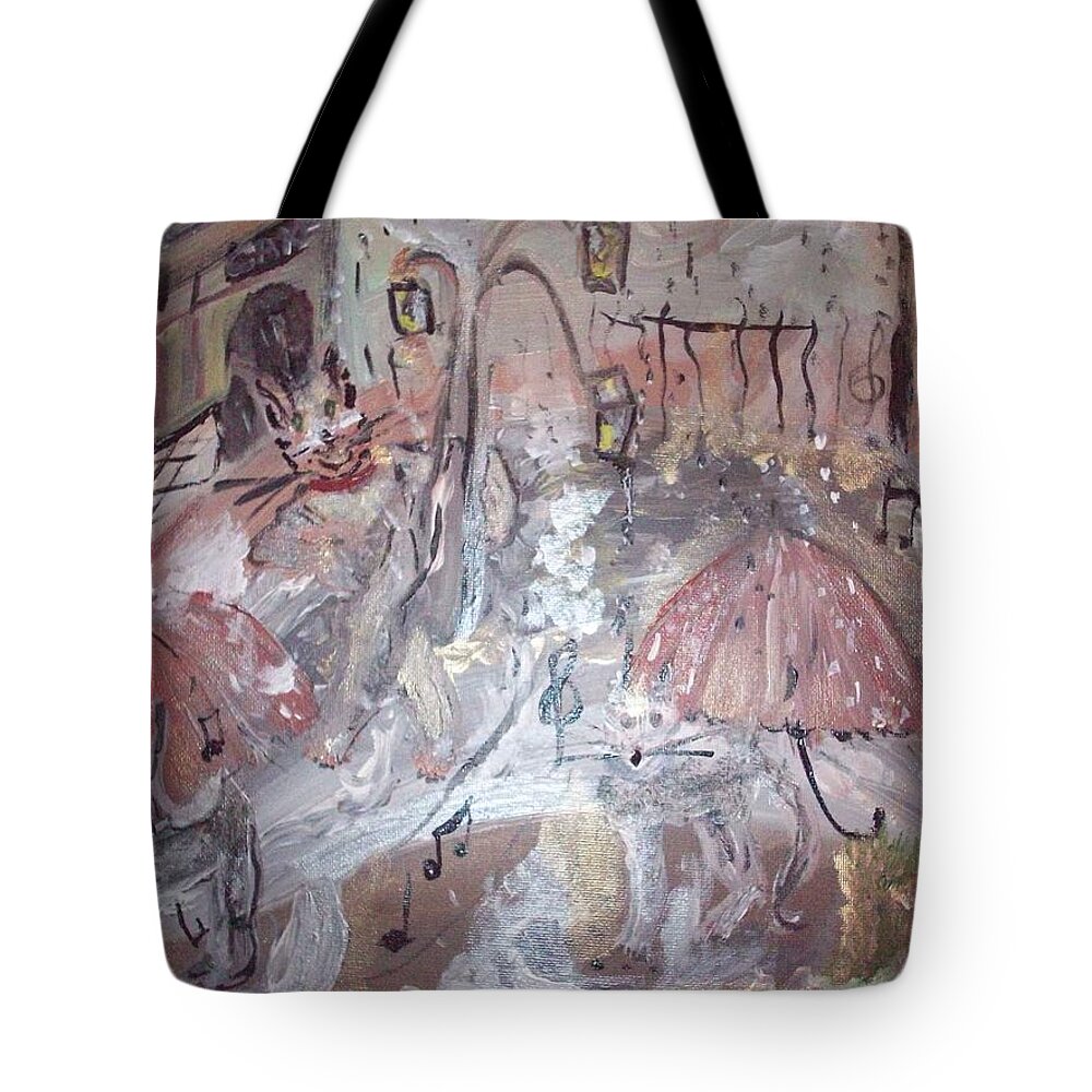 Cat Tote Bag featuring the painting Cats singing in the Rain by Judith Desrosiers