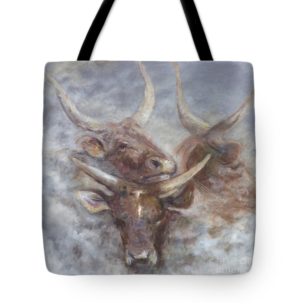 Longhorn Steers Tote Bag featuring the painting Cattle in the Mist by Deborah Smith