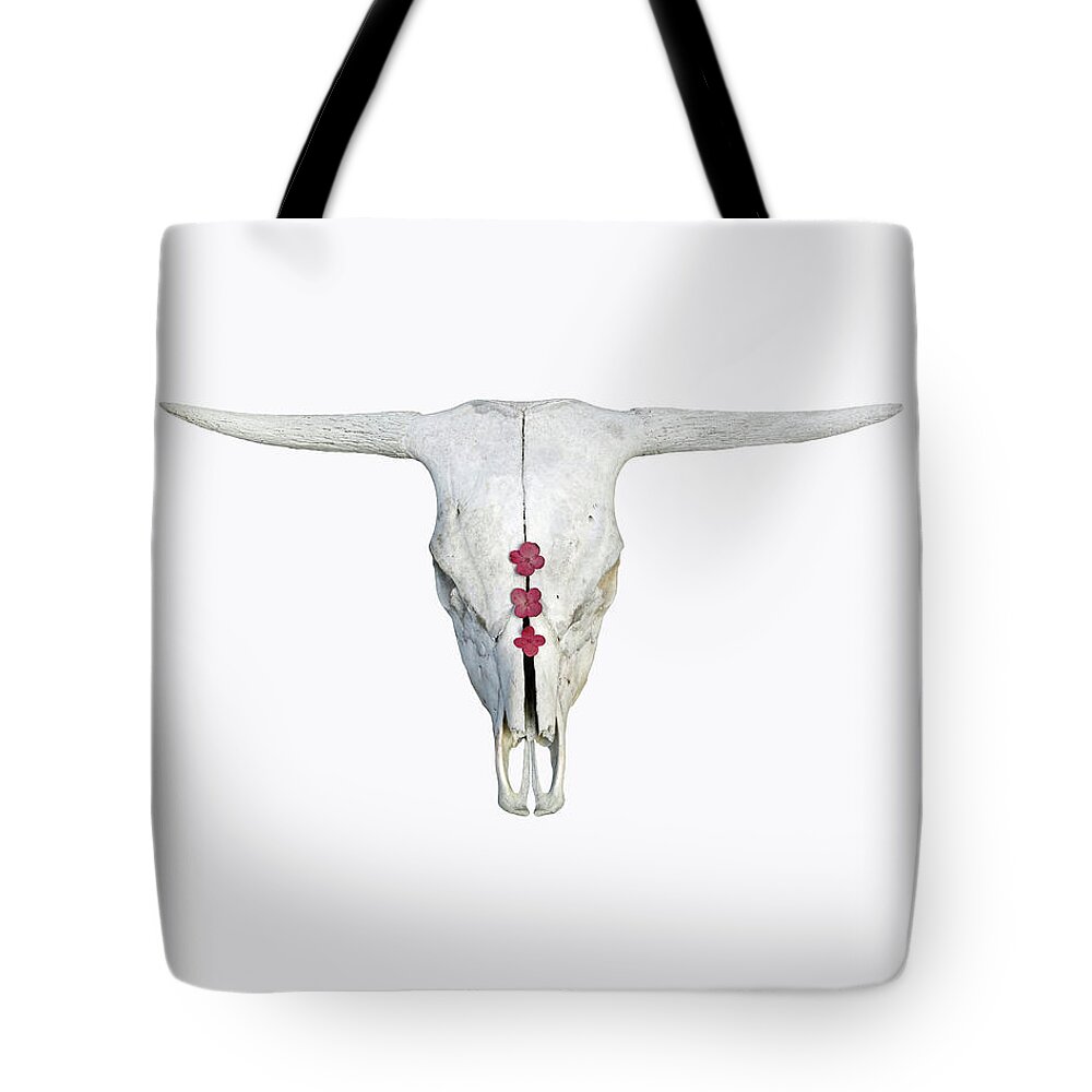 White Cow Skull Art Tote Bag featuring the photograph Cattle Skull with Pink Hydrangea Blossoms on White by Brooke T Ryan
