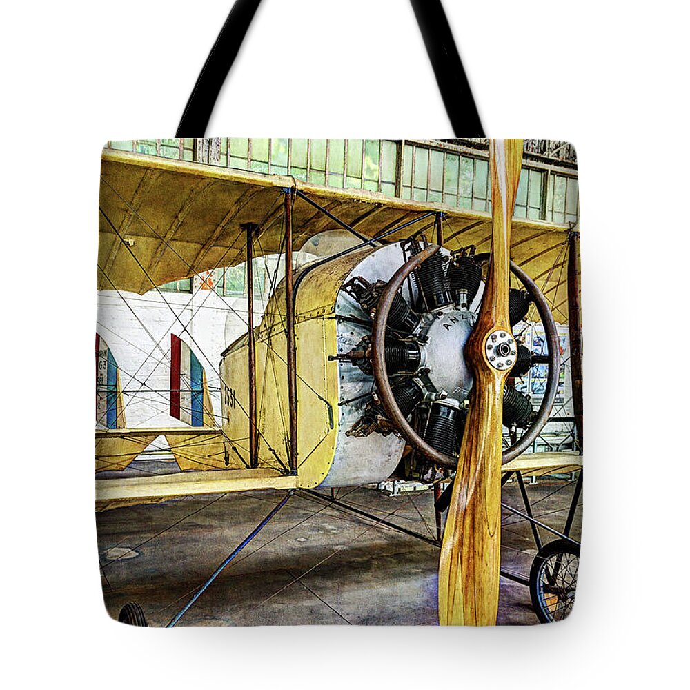 Caudron G3 Tote Bag featuring the photograph Caudron G3 Propeller and Cockpit - Vintage by Weston Westmoreland
