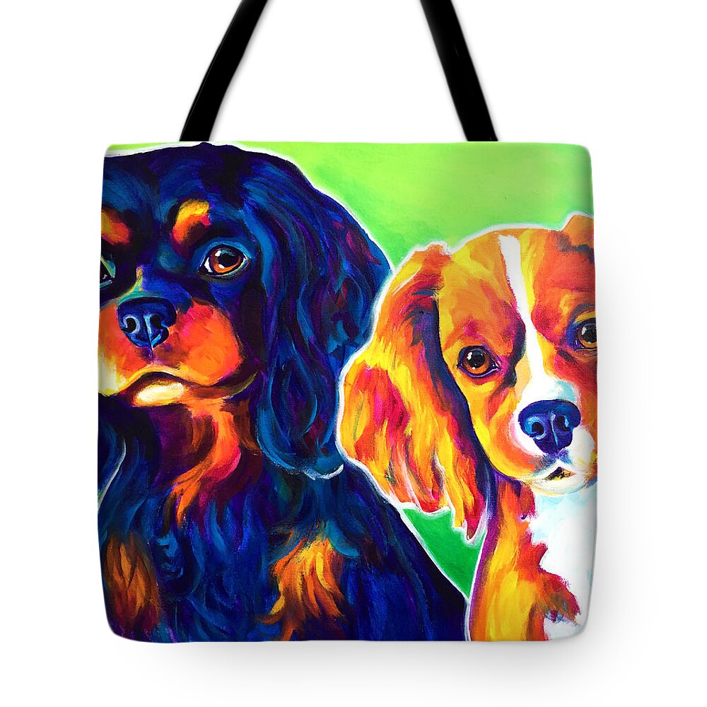 Cavalier King Charles Spaniel Tote Bag featuring the painting Cavelier King Charles Spaniels - Saffy and Duck by Dawg Painter