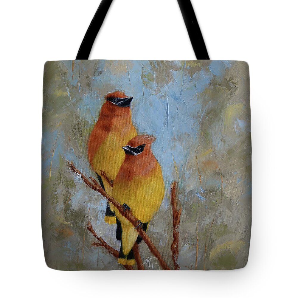 Wildlife Art Tote Bag featuring the painting Cedar Waxwings by Monica Burnette