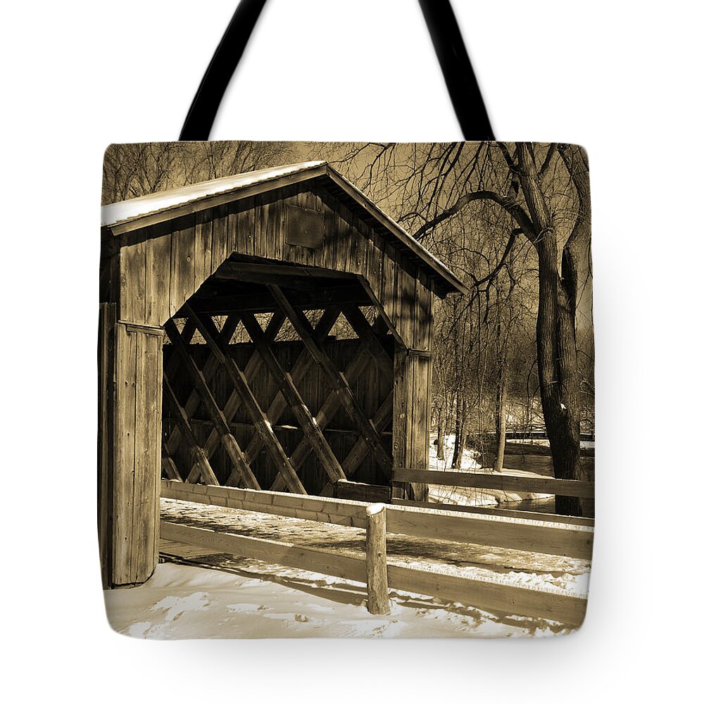 Covered Bridge Tote Bag featuring the photograph Cedarburg Covered Bridge in Winter Sepia by David T Wilkinson