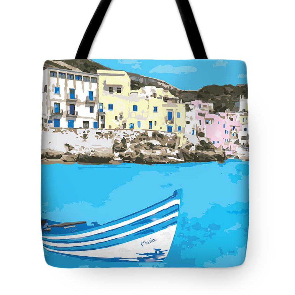 Italy Tote Bag featuring the digital art Cefalu Sicily Italy with Fishing Boat by Inge Lewis