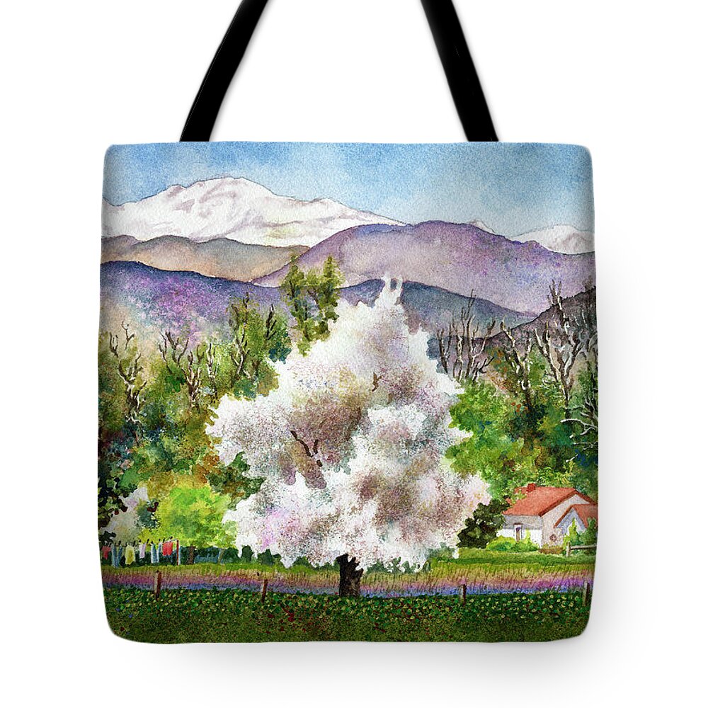 Blossoming Tree Painting Tote Bag featuring the painting Celeste's Farm by Anne Gifford
