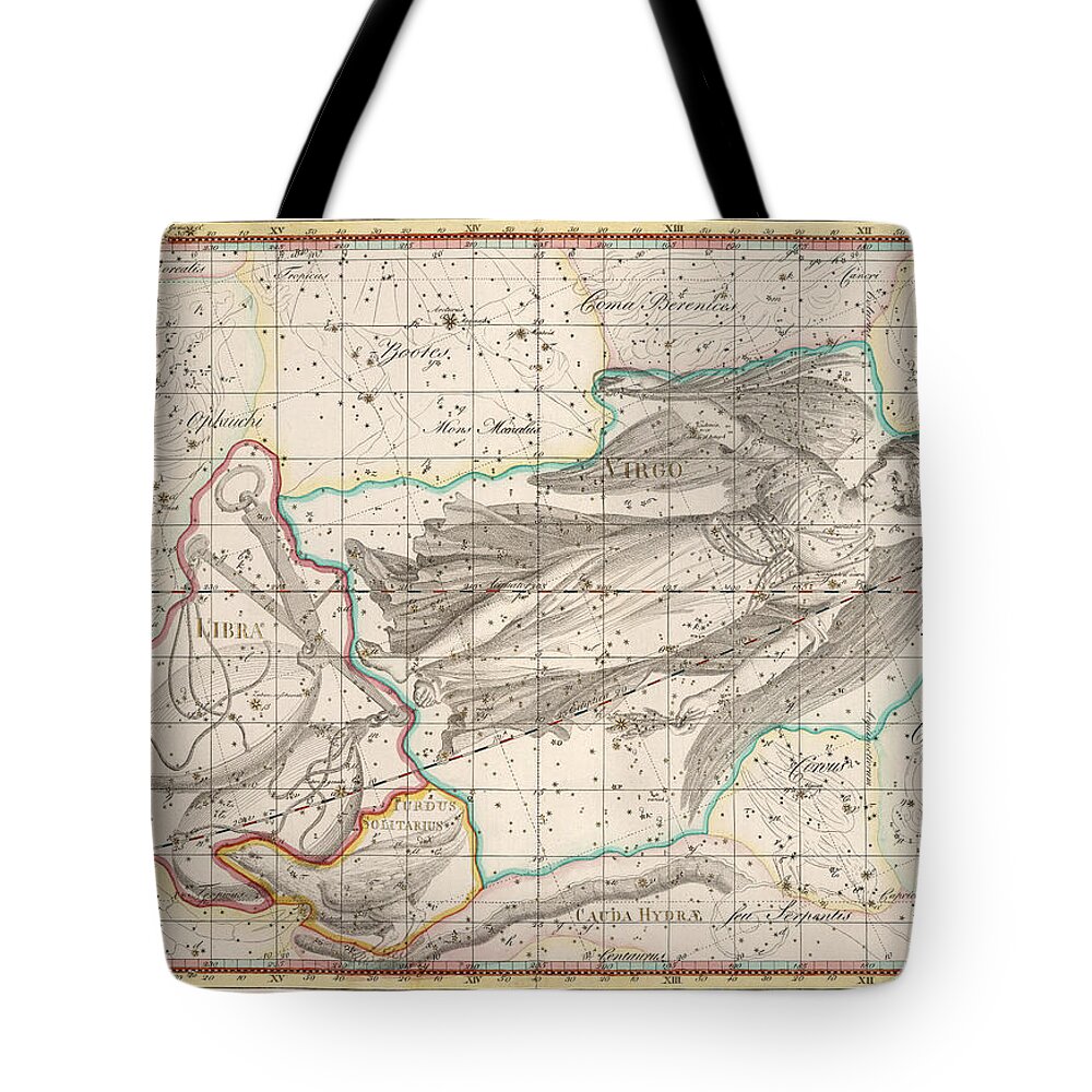 Astronomical Chart Tote Bag featuring the drawing Celestial Map - Map of the Constellations - Virgo, Libra, Turdus Solitarius - Astronomical Chart by Studio Grafiikka