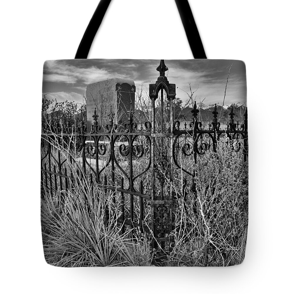 Cemetery Tote Bag featuring the photograph Cemetery Fence Post and Sky by Sandra Dalton