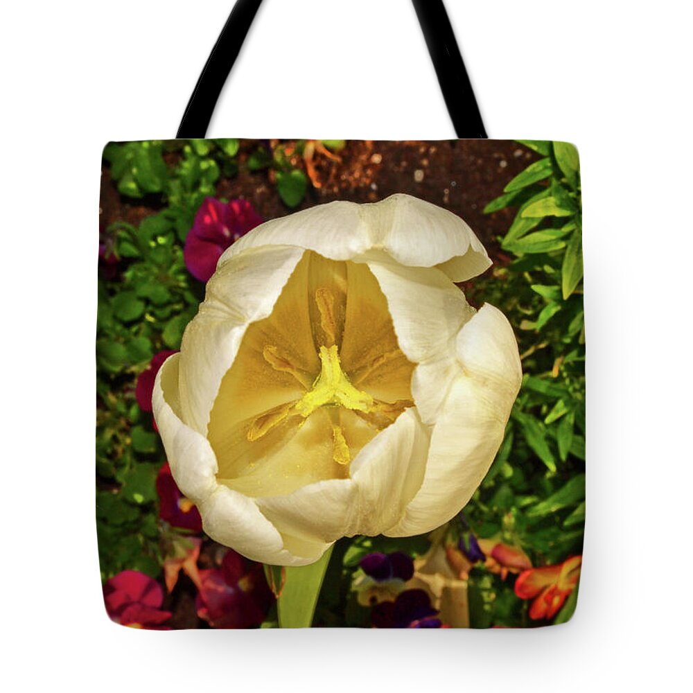 White Tote Bag featuring the photograph Centerpiece - White Tulip 005 by George Bostian