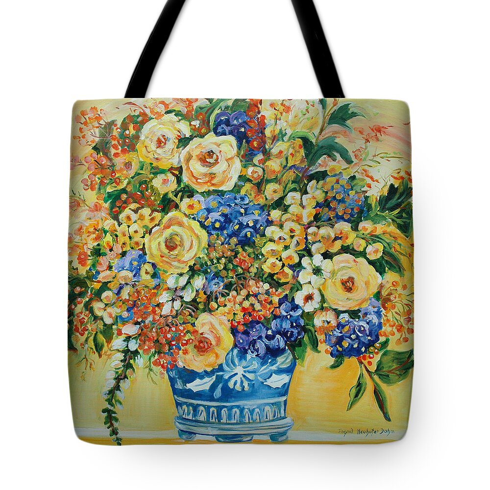 Florals Tote Bag featuring the painting Ceramic Blue by Ingrid Dohm