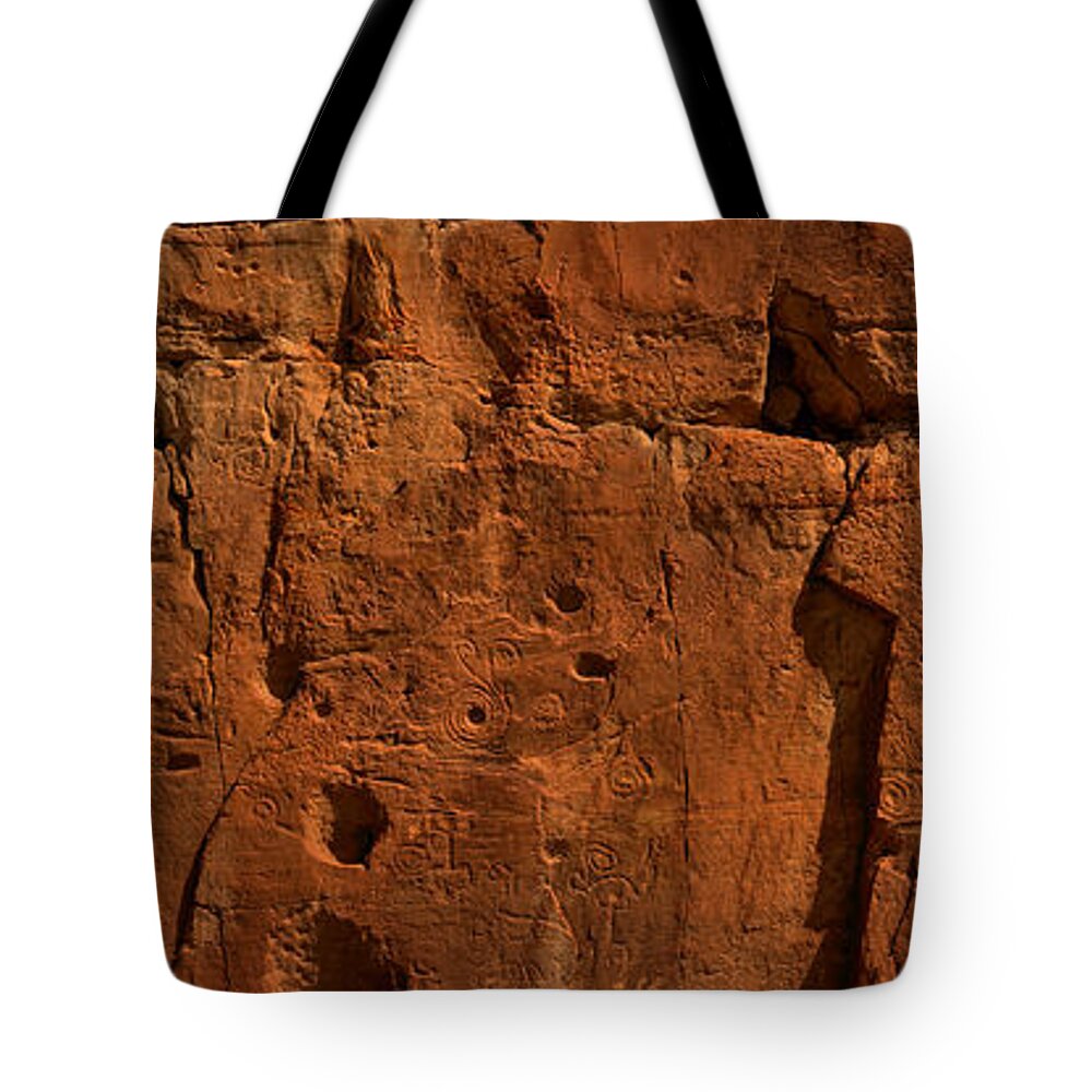 Chaco Canyon Tote Bag featuring the photograph Chaco Culture Petroglyph Panel by Adam Jewell