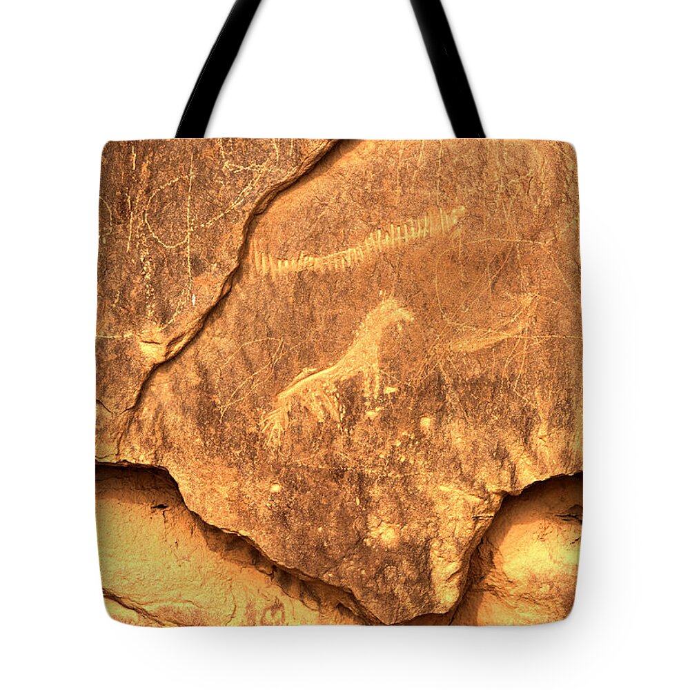 Petroglyphs Tote Bag featuring the photograph Chaco Horse Petroglyph by Adam Jewell