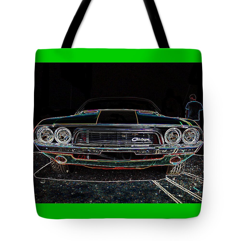 Dodge Tote Bag featuring the digital art Challenger Neon by Darrell Foster