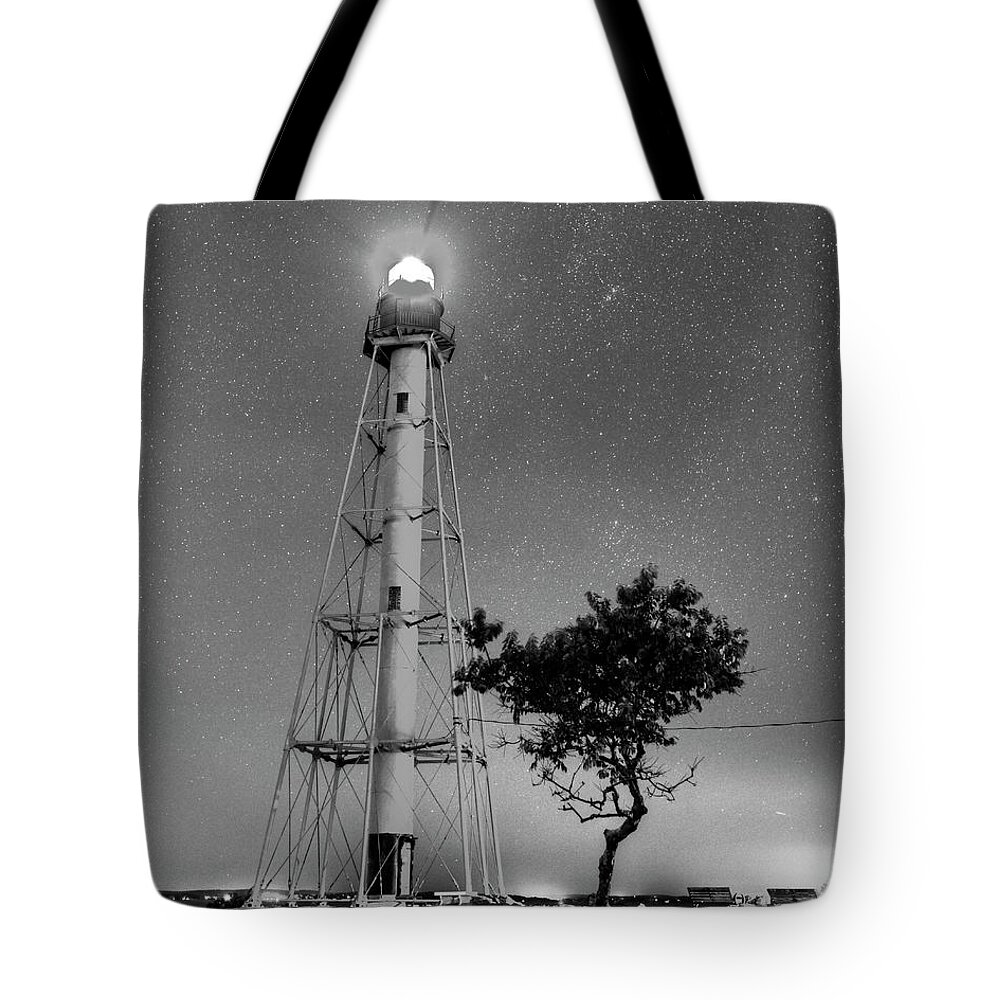 Marblehead Tote Bag featuring the photograph Chandler Hovey Light Tower at night Marblehead MA Tree Black and White by Toby McGuire