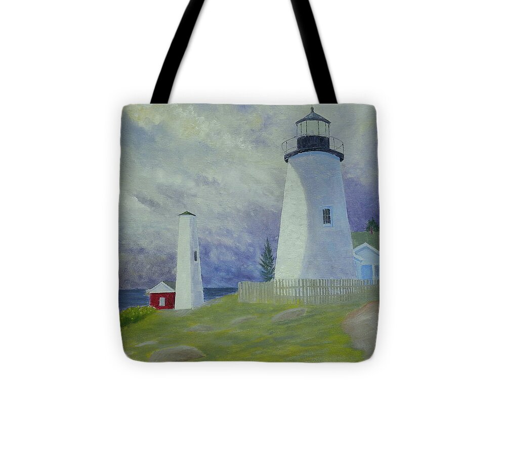 Seascape Landscape Lighthouse Storms Clouds Tote Bag featuring the painting Changing Weather 2 by Scott W White