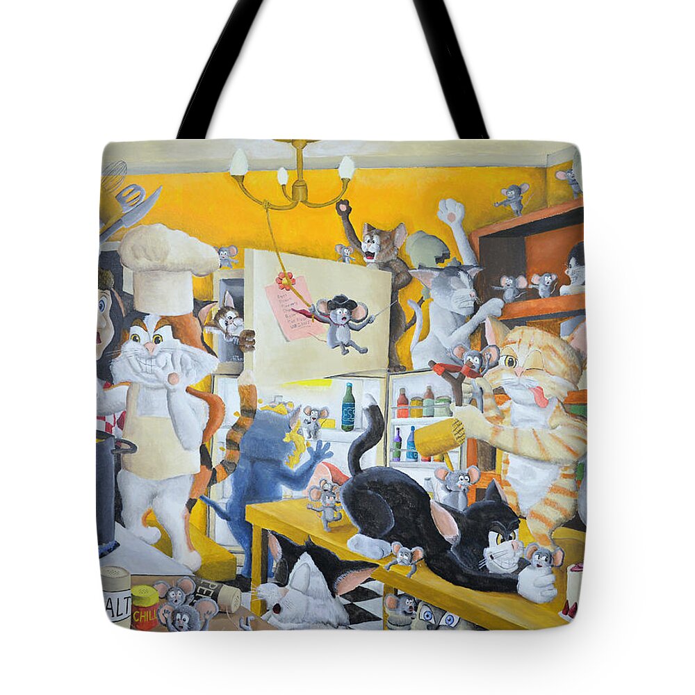 Chaos In The Kitchen Tote Bag featuring the painting Chaos in the Kitchen by Winton Bochanowicz