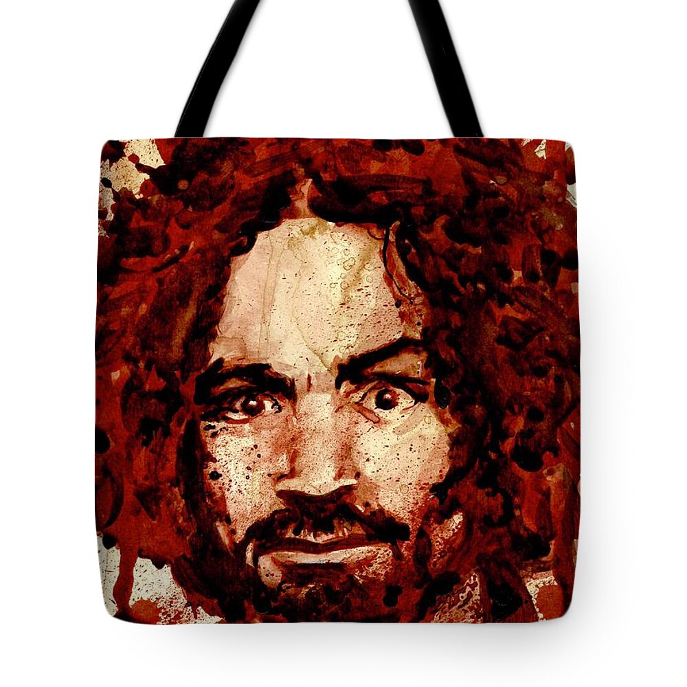 Ryan Almighty Tote Bag featuring the painting CHARLES MANSON portrait dry blood by Ryan Almighty