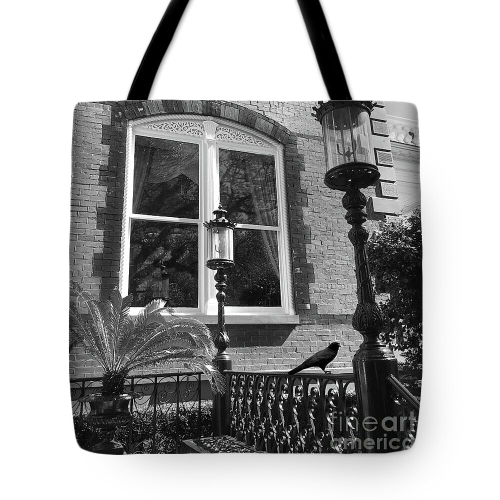 Charleston Tote Bag featuring the photograph Charleston French Quarter Architecture - Window Street Lanterns Gothic French Black White Art Deco by Kathy Fornal
