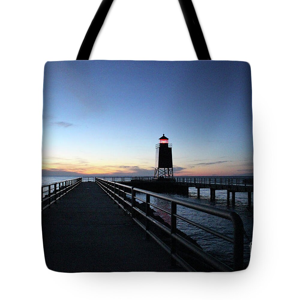 Charlevoix Tote Bag featuring the photograph Charlevoix Light Tower by Laura Kinker